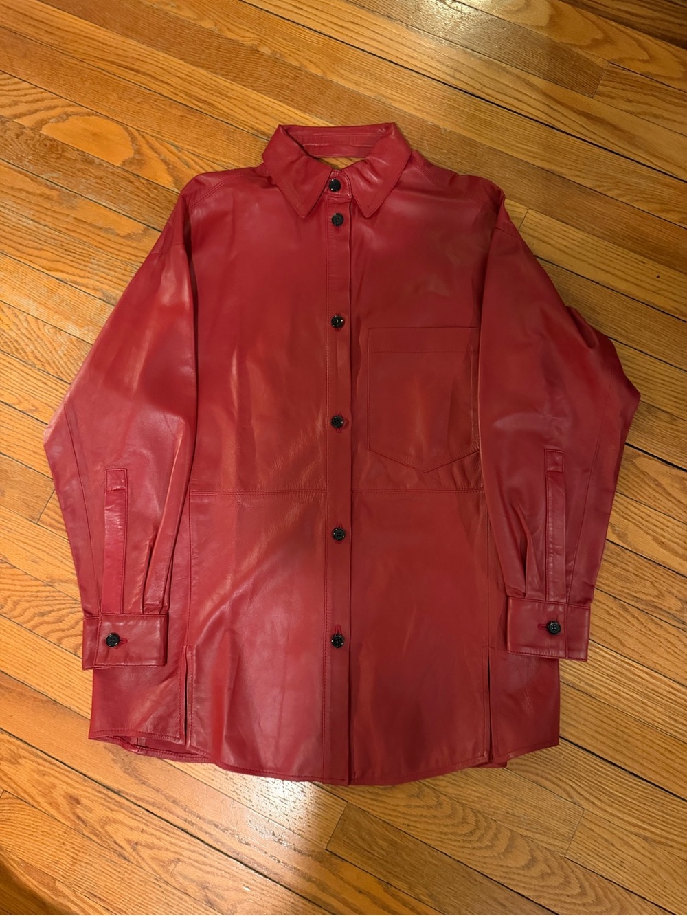 Stunning and unique Women's deep Red Leather Button-Front Shirt Jacket